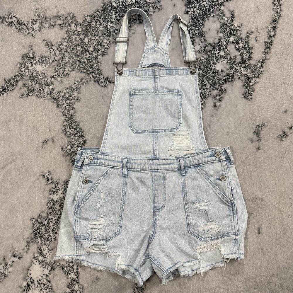 Hollister Boyfriend Short Overall Womens L Light Wash Distressed Denim Shortalls